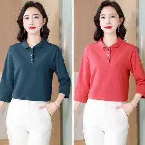 가을 면 셔츠 루즈핏 칠부 스몰 패치 터틀넥 톱 여자티 롱루즈핏 자수 티 원템1