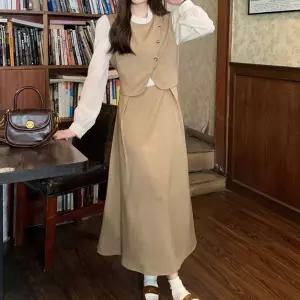 st 투피스 물결 롱 원피스 프릴넥 체형커버 하객룩