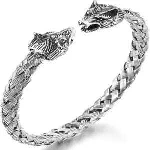 쿨스틸랜드 비욘드 남성 울프 헤드 브레이슬릿 스틸 브레이드 케이블 뱅글 커프 광택 조절 가능
