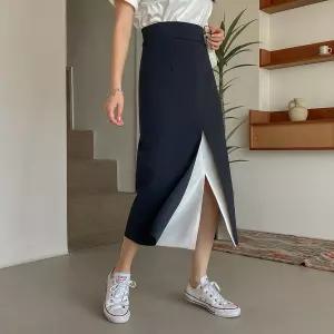 [시크릿라벨] 텐션스판일자핏배색슬릿롱스커트