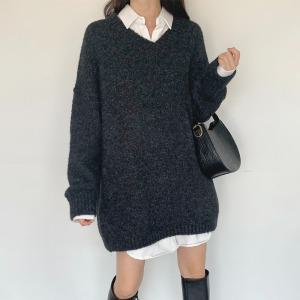 브이넥 루즈핏 롱니트 겨울 롱니트티