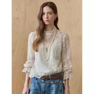 [마쟈]로코코 레이스 플리츠 헨리넥 블라우스_P391340881