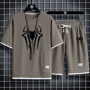 반팔 반바지 세트 티 셔츠 트레이닝 4부 5부 한벌 여름 남성 스파이더 프린트 티셔츠 정장 캐주얼 투피스