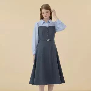 [롯데백화점]케네스레이디 오픈카라 셔츠 레이어드 벨티드 원피스 (EWOPOJ07)