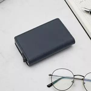 RFID 차단 슬라이드 카드지갑 도난방지 남녀공용 메탈 가죽 네이비