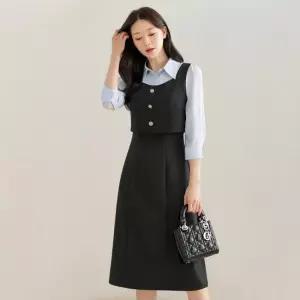 XXL까지) 즈온 셔츠 배색 레이어드 원피스 봄 가을 A라인 하객룩 오피스룩 모임룩 격식룩 빅사이즈