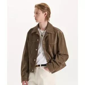 커넥트킨록 CONNECT KINLOCH [패션튜브삭형PICK][리얼 레더] 카우 스웨이드 트러커 자켓 (애쉬브라운) EIX3