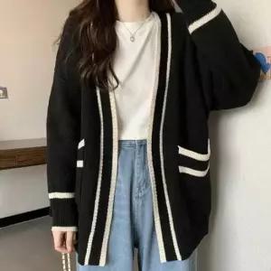 여성겨울가디건 니트소재 롱기장 배색가디건 노버튼 포켓 간절기 두툼