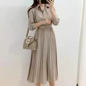 트위드원피스 여성 플리츠 주름 롱 원피스 허리벨트 페미닌 하객룩