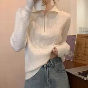 여성 반집업 카라 포인트 골지 디자인 긴팔 니트티