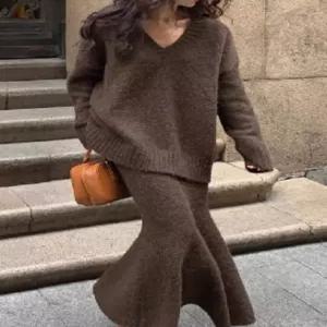 분위기갑 브이넥 니트 스커트 상하세트 투피스 셋업 롱치마 긴팔 봄 가을