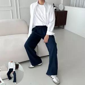 워시드 남자 린넨 투턱 와이드 팬츠 고무줄 밴딩 긴바지 일자