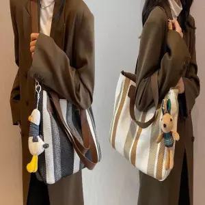 여성 세로 스트라이프 쇼퍼백 숄더백 캔버스 에코백 WHE2+1QQb