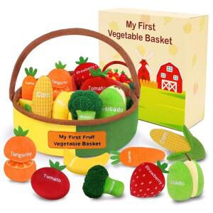 GERBIT 나의 첫 과일 채소 인형, 부활절 장난감 8개가 유아용 위한 감각 음식 인형 바구니 포함된 아이들을 선물 학습 아기 생일 세트, 몬테소리 펠트 봉제 남자 놀이