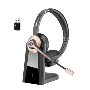 이어베이 무선 헤드셋, 마이크 노이즈 캔슬링 기능이 있는 블루투스 헤드셋 및 USB 동글, 음소거 헤드폰 / PC 컴퓨터 전화 업무 회의용 충전 도크 전화팀