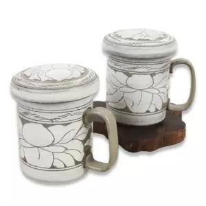 분청 조각목단 머그다기 2인세트 다도 선물용 용컵 선물 도자기 도자기잔 다기잔 전통