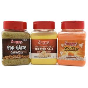 스냅피 팝콘 시즈닝, 체다 치즈, 12온스, 버터 맛 극장 팝콘 소금, 19온스, 카라멜 글레이즈, 15온스, 3캔