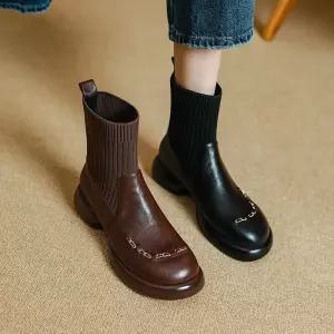 여성 니트 양말 부츠 스판 플랩 양가죽 컴포트 웨지힐 라운드 통굽 CH5
