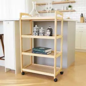 [CJ][덕하우스]원목 우드 이동식 웨건 트레이 카트 선반 세탁실 수납 조리대 트롤리 4단