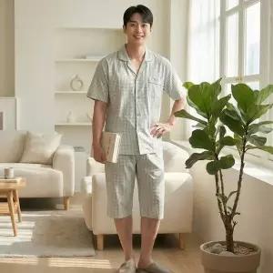 [보리보리/보슈아]1042 남성 체크 카라 반팔 5부바지 파자마 상하세트 홈웨어 국내산