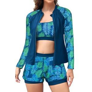 탱크 비키니 가드 웨이스트 보이쇼트가 하이 쉐키니 상의 래쉬 3피스 여성 지퍼 수영복