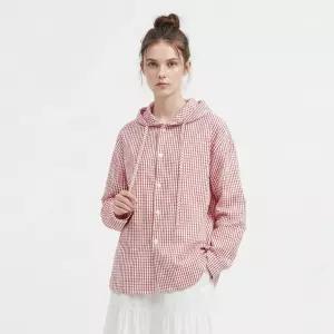 여성 루즈핏 캐주얼 체크 후드 긴팔 언발 셔츠 NARU-WSH-21143-레드