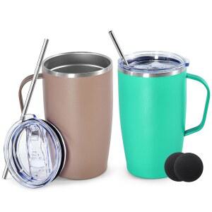 icesip 2팩 스테인리스 스틸 단열 병, 473.2ml(16온스) 텀블러, & 진공 작업 손잡이가 여행용 여행 벽 달린 이중 커피 운전용, 그린 머그잔, 모카