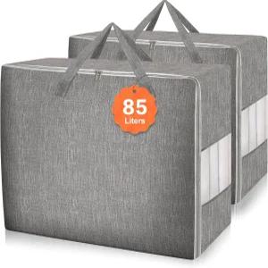 카시워스 2팩 85L 이불 보관 가방 투명 창문이 있는 초대형 침구 강화 손잡이 및 지퍼 담요 베개 옷을 위한