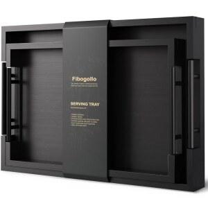 금속 손잡이가 달린 서빙 트레이 2개 세트 피보골로 대나무, 커피 테이블용 오스만 장식 트레이 플래터, 거실, 바, 파티(블랙)