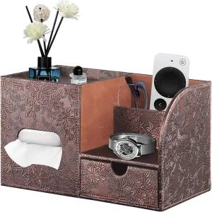 서랍 수납 및 트레이가 있는 팬지 스퀘어 티슈 박스 커버 PU 가죽 큐브 홀더 모던 나이트스탠드 정리함
