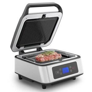 선비프로 전기 파니니 프레스 샌드위치 메이커, 탈착식 논스틱 플레이트가 있는 1300W 무연 실내 그릴, 오토 트, 팬, 독립 상부 난방, 스마트 시간 및 온도 제어, 실버
