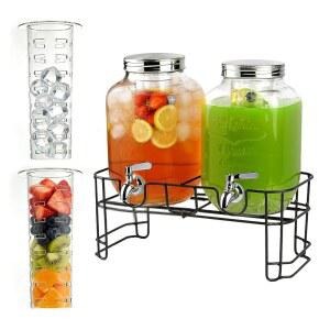 GVUHR 1갤런 음료 디스펜서 2팩, 스탠드 포함 - 파티, 주스, 물용 유리 음료 디스펜서 - 스피곳 및 필터 분리 및 칠판 라벨 포함