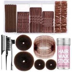 요고데 번 메이커 헤어 도넛 세트 바비 핀 왁스 스틱 번용 네트 다크 브라운