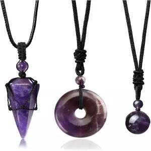조비비 3개 힐링 크리스탈 스톤 목걸이 세트 남성용 천연 자수정 블랙 옵시디언 타이거 원석 육각형 비드