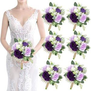 퍼플 신부 들러리 부케 조화 세트 결혼 기념일 작은 샤워 제안 꽃다발 장식 브라이덜 제작 소박한 장미 파티 사전 6개 결혼식용 17 8CM 7인치