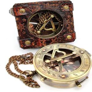 5MoonSun5의 골동품 황동 해시계 나침반 해양 보트 선물용 포켓 가죽 디스플레이 상자 포함 항해 선물 태양