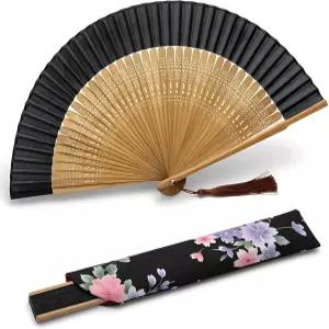 여성용 접이식 리사 손 선풍기 - 휴대용 일본 중국 핫 플래시 여름 냉방 축제 교회 춤 (대나무 블랙)