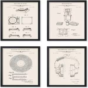 포스터 마스터 4피스 음악 청사진 - 특허 인쇄 턴테이블 아트 마이크 디자인 테크니컬 드로잉 헤드폰