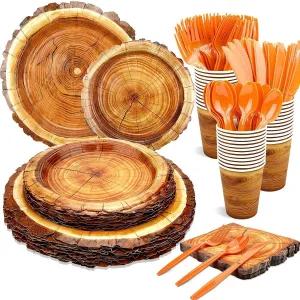 175피스 캠핑 우드 그레인 슬라이스 식기 세트 소박한 파티 장식 접시 냅킨 컵 나이프 포크 스푼 사냥 생일