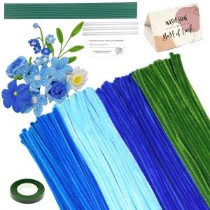 꽃선 및 원예 테이프가 포함된 216개의 블루 올리브그린 파이프 클리너 세트 튤립 꽃다발 제작을 위한 샤닐