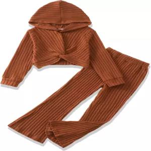 쉬안하오 여아복 가을 겨울 십대 의상 여자 립 니트 트위스트 앞 후드 플레어 팬츠 트레이닝복 세트