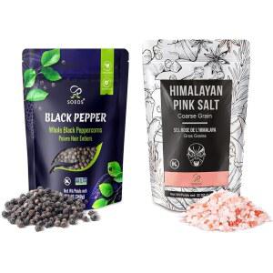 소오스 홀 블랙 페퍼콘 12온스 + 히말라야 핑크 소금 2파운드, 그라인더용 소금과 후추, 리필, 바다 소금, 2피스 세트