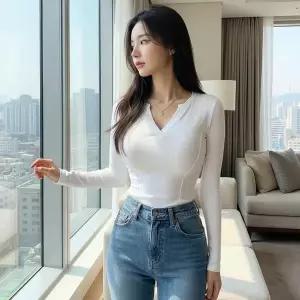 [하프클럽/옷자락]여자 모달 브이넥 슬림핏 데일리 긴팔티셔츠