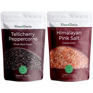 비바 도리아 텔리체리 통블랙 페퍼콘, 12온스 & 히말라야 핑크 소금, 거친 곡물, 2파운드 | 소금과 후추 콤보, 그라인더 리필용, 2피스 세트