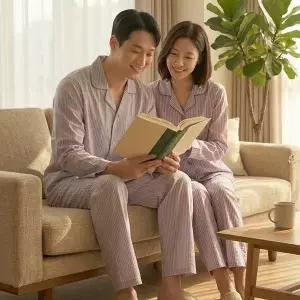 [보리보리/보슈아]1066 남녀커플 스트라이프 카라 긴팔 파자마 상하세트 사계절 홈웨어 국내산