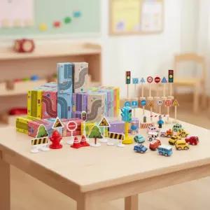 캐스B 도로 종이벽돌 교통놀이 세트 벽돌블럭 원목신호등 자동차 도로꾸미기 미니카 풀백카