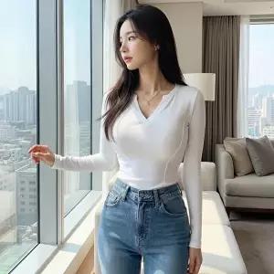[옷자락]여자 모달 브이넥 슬림핏 데일리 긴팔티셔츠