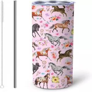 두지에다 말 텀블러 손잡이와 빨대가 달린 20온스 단열 스테인리스 뚜껑이 대용량 여행용 머그컵 이중 벽