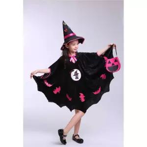 마녀 코스튬 의상 호박 검정 아이 여자 가방 망토+모자 100cm 할로윈 세트