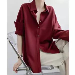 F007596_루즈핏 광택 새틴 셔츠블라우스 고급 실키 카라남방면접룩 하객 긴팔 공단 크블라우스